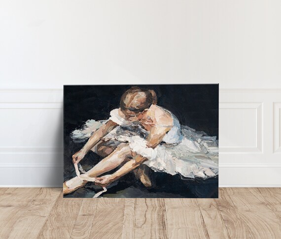 White Tutu Ballerina Tying Pointe Shoe Classic Oil Painting Poster