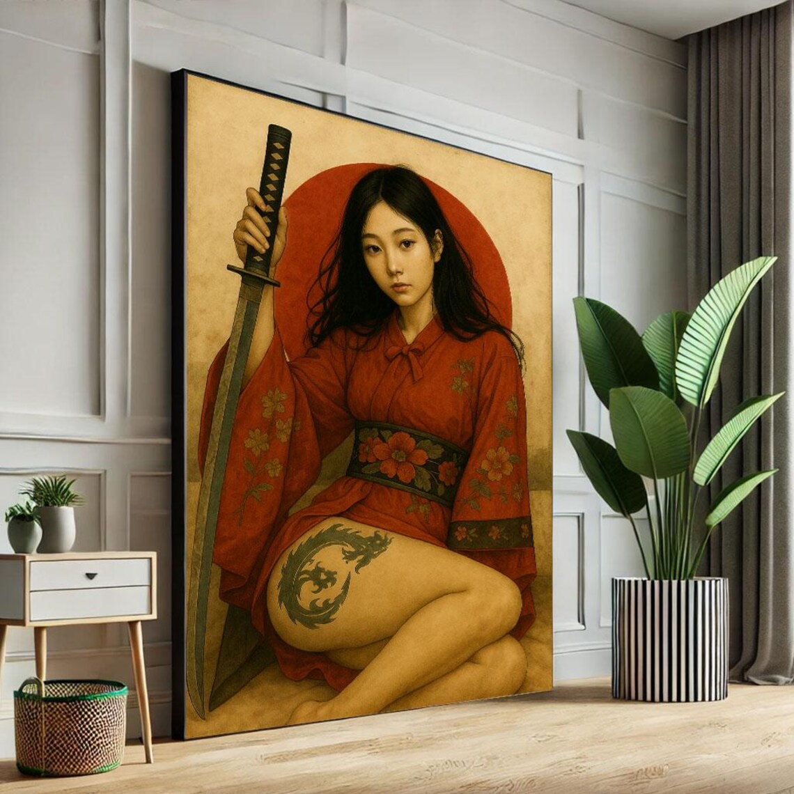 Japanese Warrior Woman In Red Kimono Dragon Tattoo Katana Poster