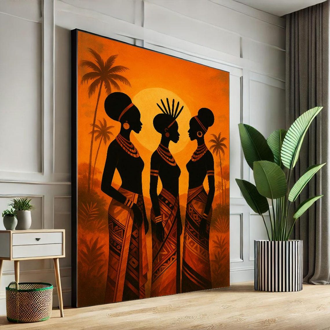 Three African Women Silhouettes Orange Sunset Palm Tribal Wall Art