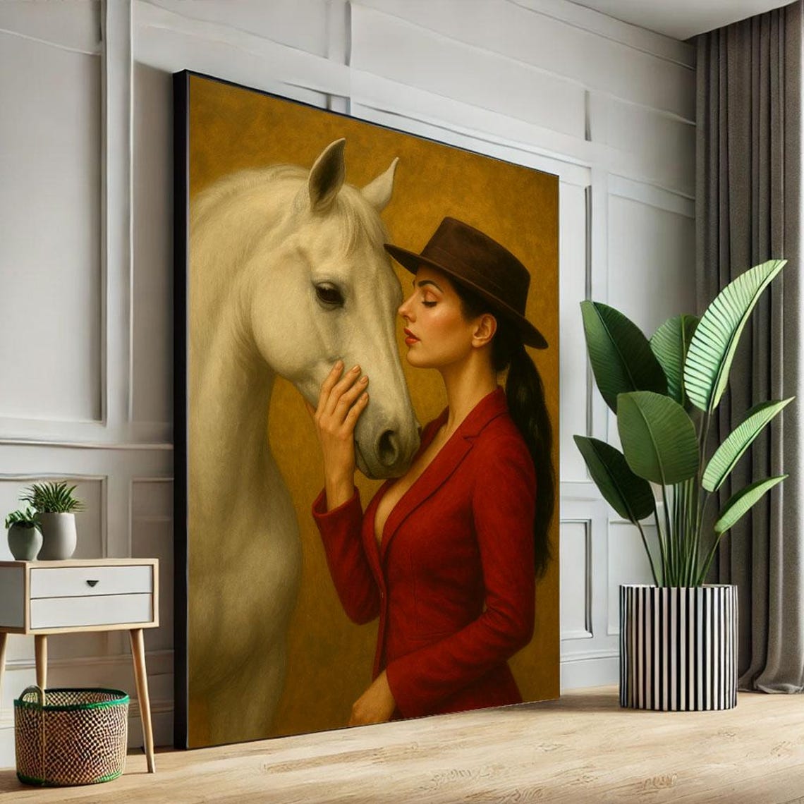 Classic Woman In Red Suit Gently Touching White Horse Poster