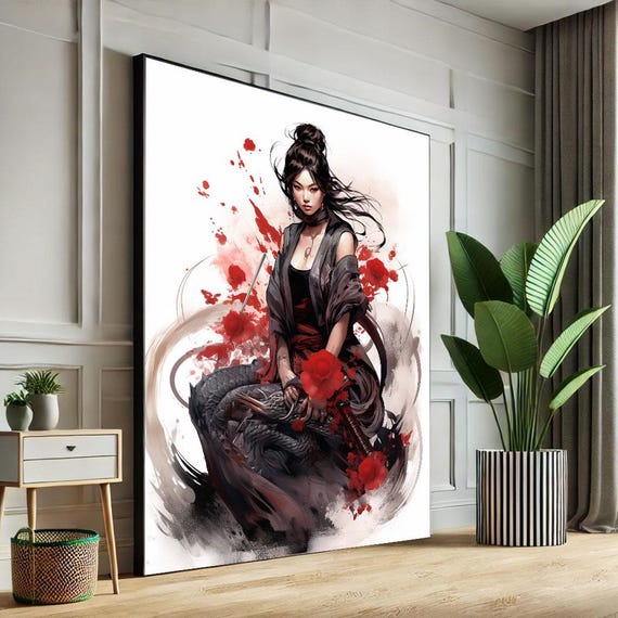 Empowering Samurai Woman Canvas Wall Art Print Bold Red And Black Bedroom Decor Statement Piece For Modern Lovers