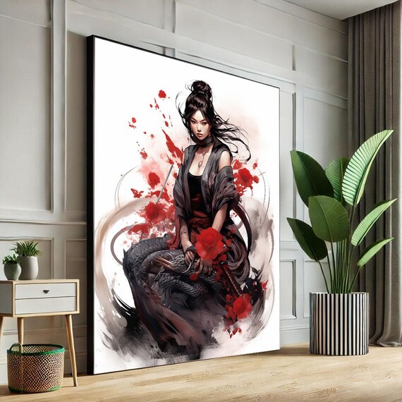 Samurai Woman with Coiling Dragon in Ink Splash Black and Red Art Poster