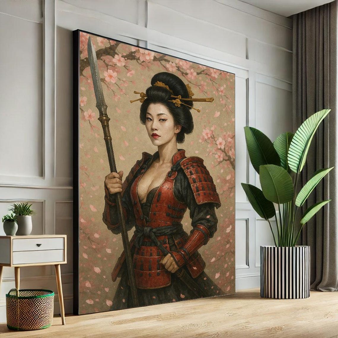 Samurai Woman Red Armor Spear Cherry Blossom Japanese Art Poster