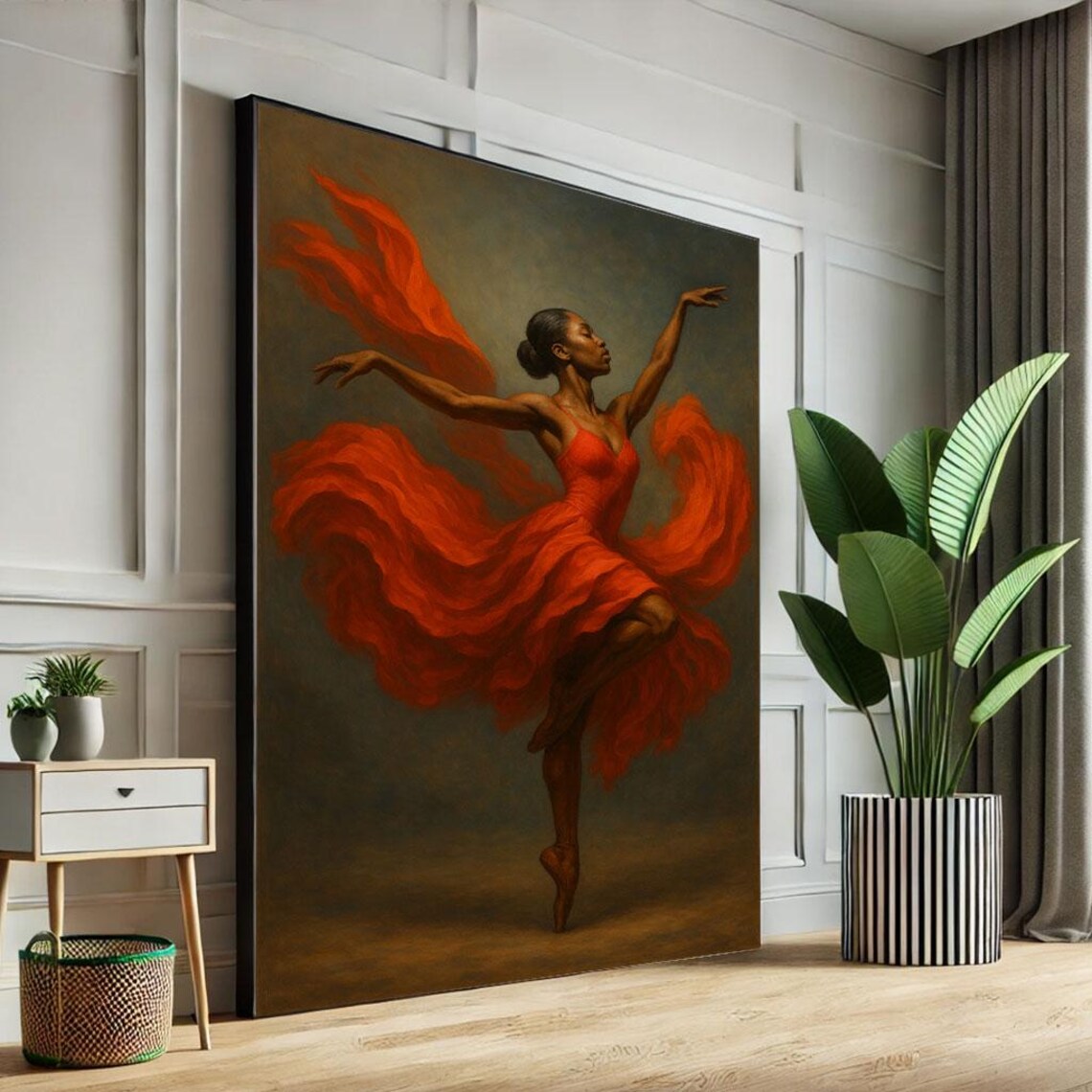Elegant Ballerina In Flowing Red Dress Dark Oil Painting Poster