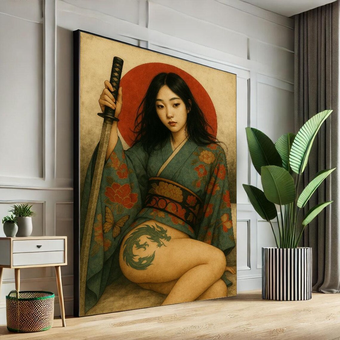 Kneeling Samurai Woman With Katana In Green Floral Kimono Poster