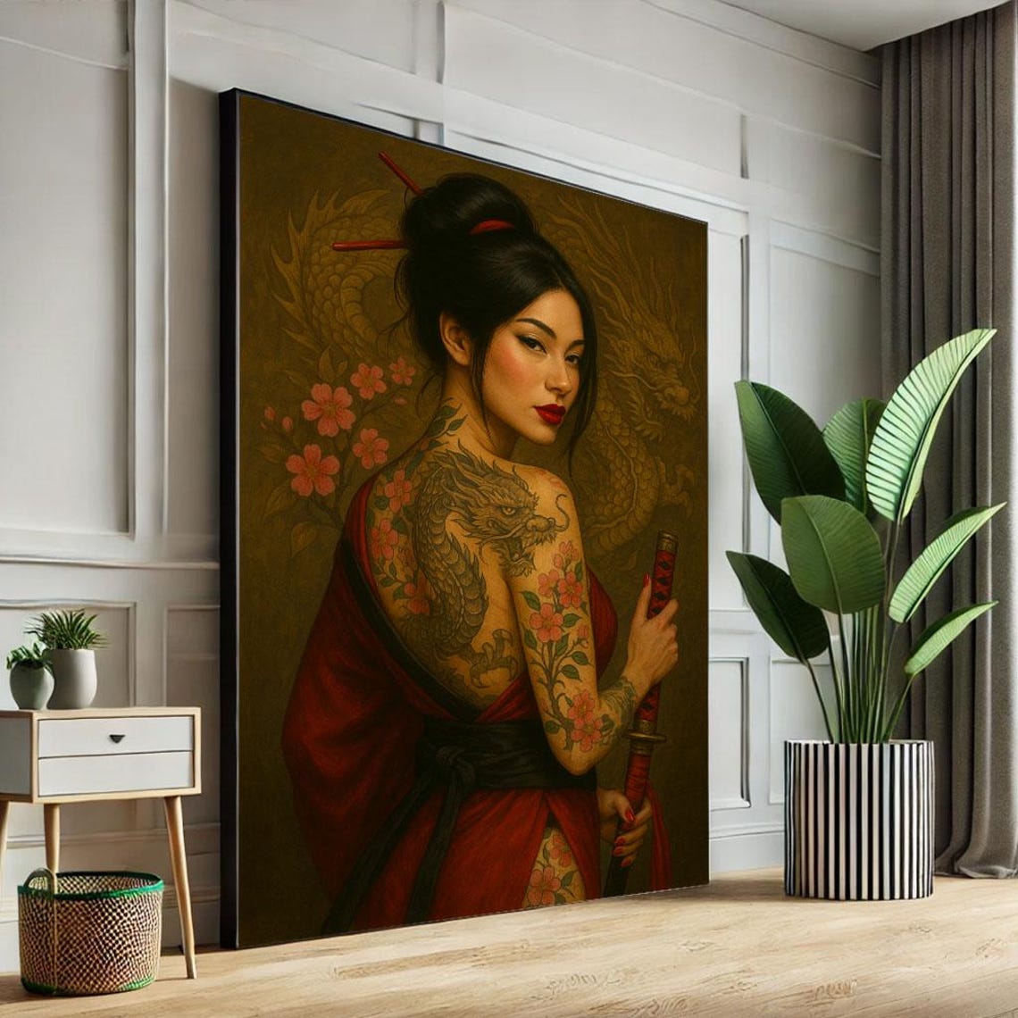 Japanese Tattooed Woman Dragon Ink Red Kimono Katana Art Poster