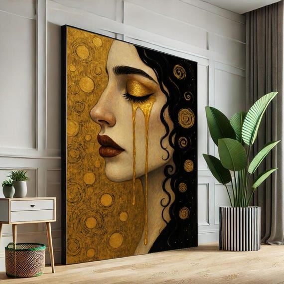 Golden Tears Woman Portrait Canvas Wall Art Print Elegant Abstract Living Room Decor Luxury Gift