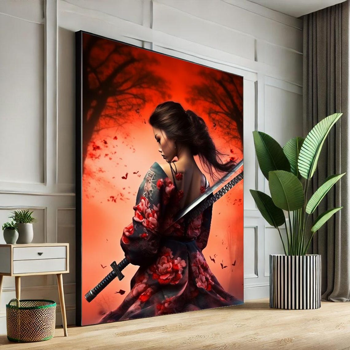 Fierce Samurai Woman Portrait Canvas Wall Art Print Red Living Room Decor Statement Piece