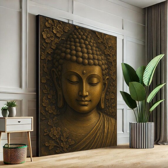 Carved Golden Buddha With Floral Scrollwork Antique Relief Art Poster