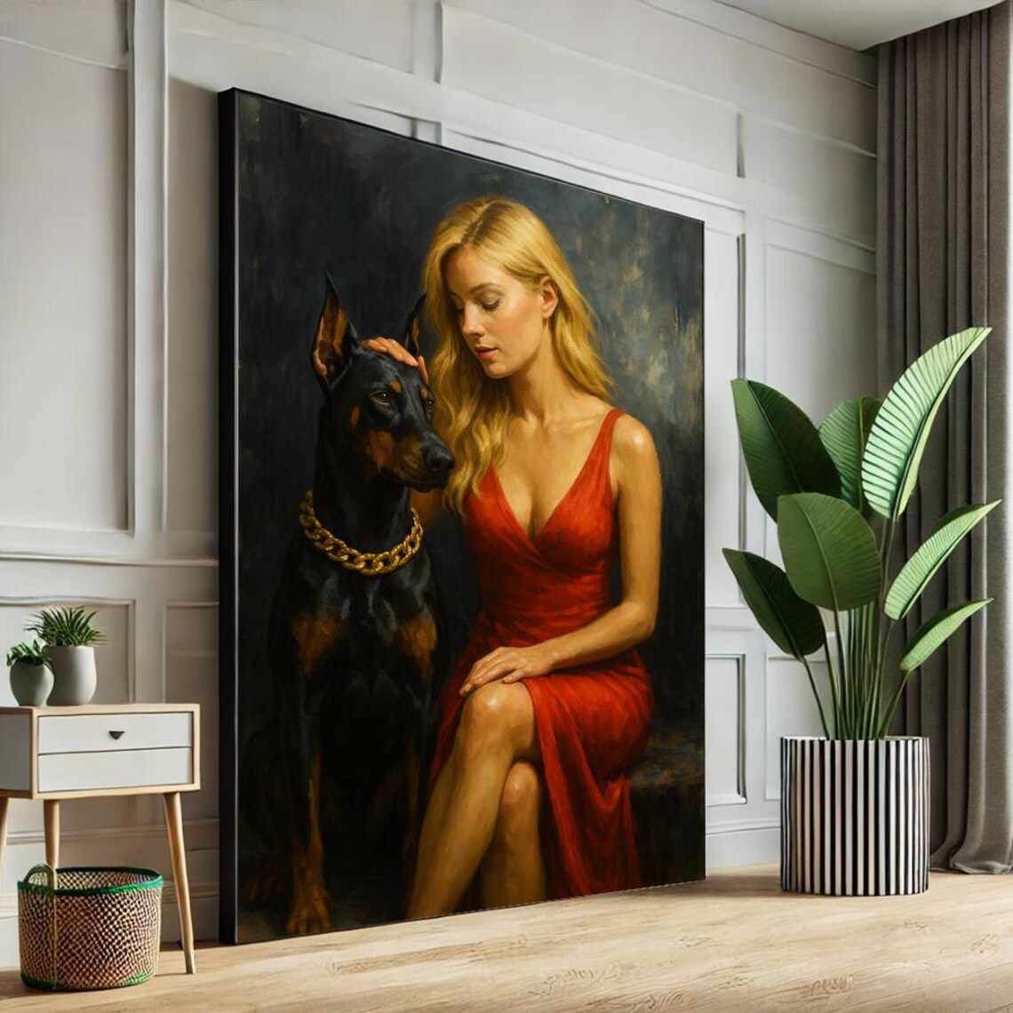 Blonde Woman With Doberman Oil Painting Style Canvas Wall Art Print Living Room Decor Luxury Pet Portrait Home