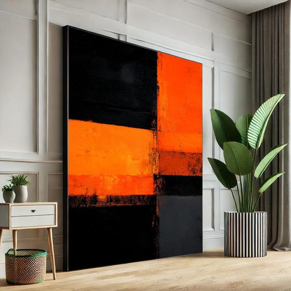 Mark Rothko Inspired Orange And Black Canvas Bold Color Field Painting For Modern Living Room Decor Statement Piece