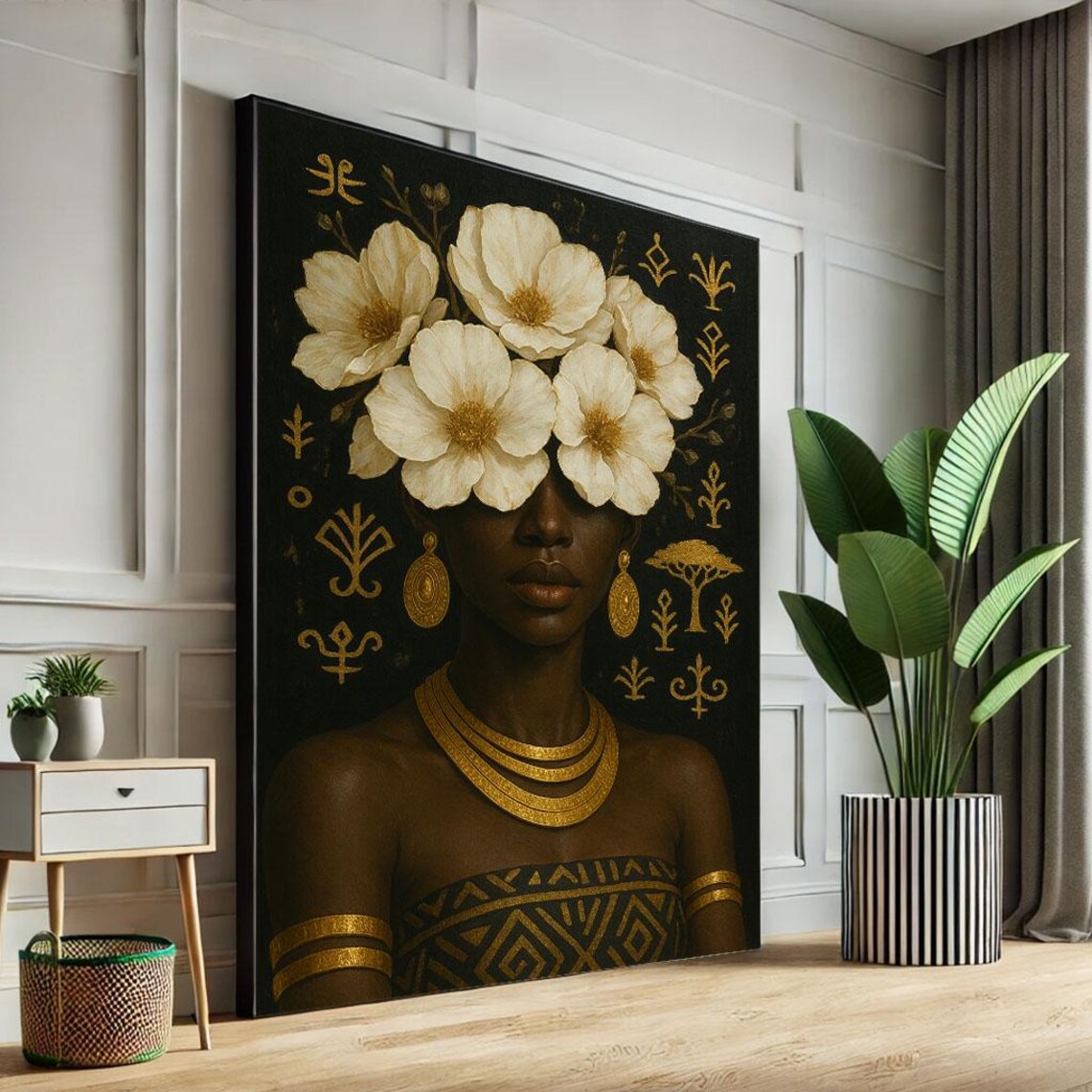 Stunning African Woman White Flower Headdress Golden Art Poster