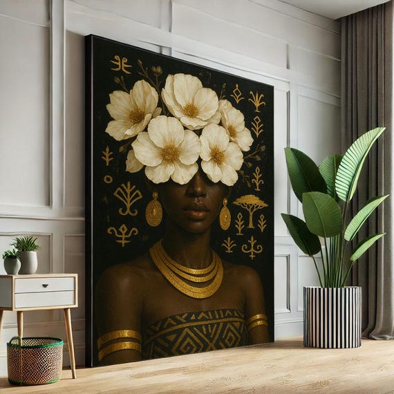 African Woman With Floral Headdress Canvas Wall Art Print Boho Living Room Decor Statement Piece