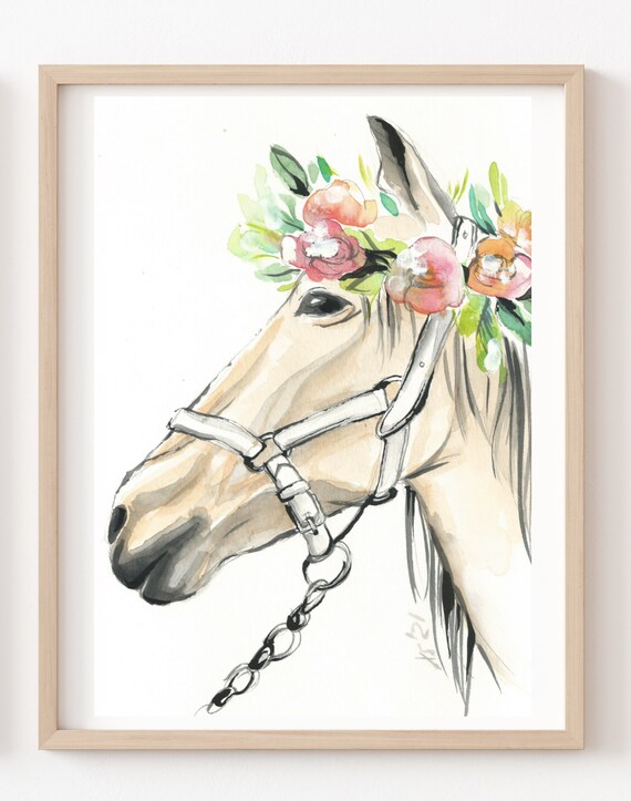 Horse with Flower Crown Watercolor Floral Equine Art Print Blossom Decor