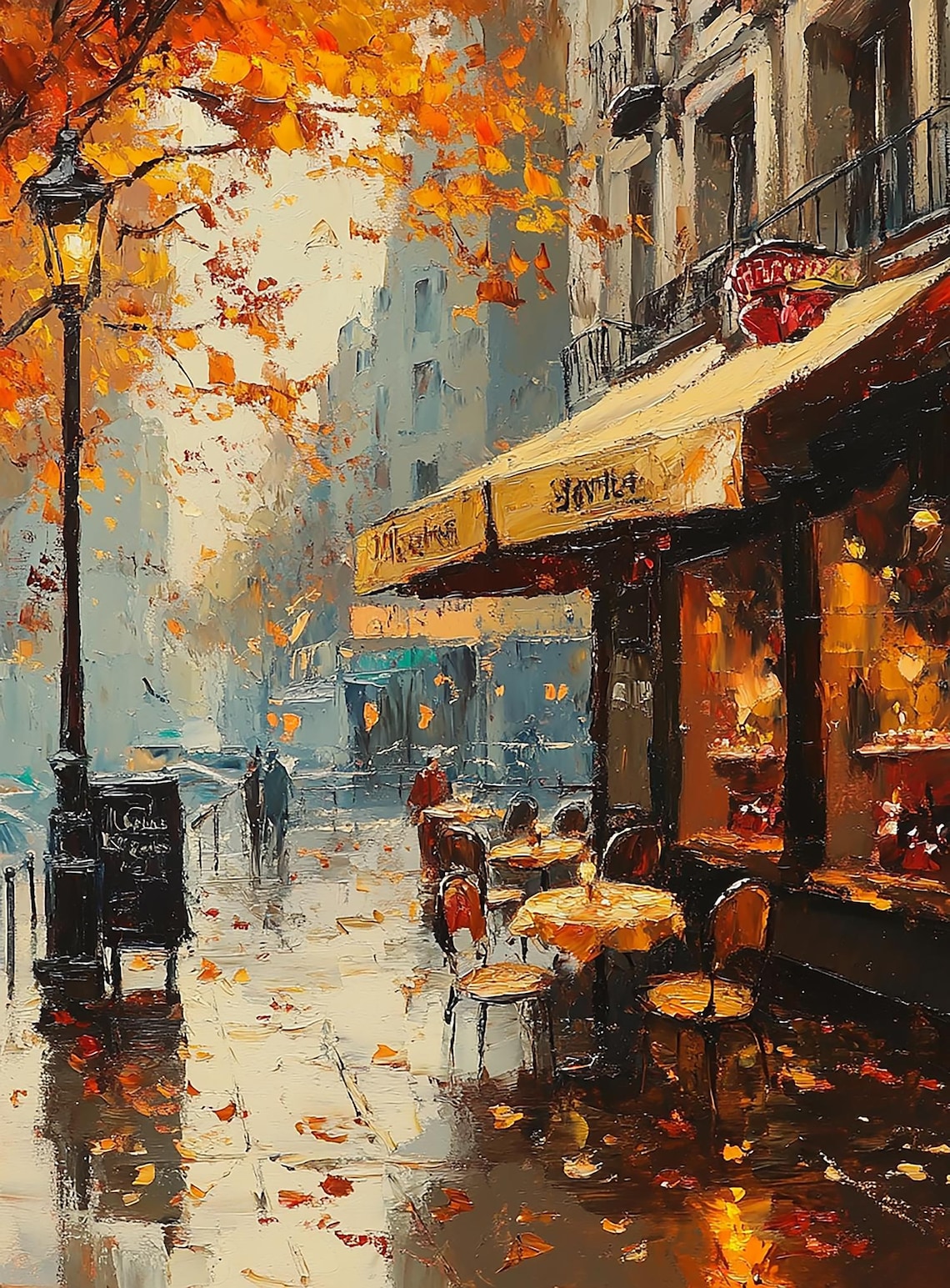 Romantic Paris Cafe in Autumn, Impressionist Cityscape