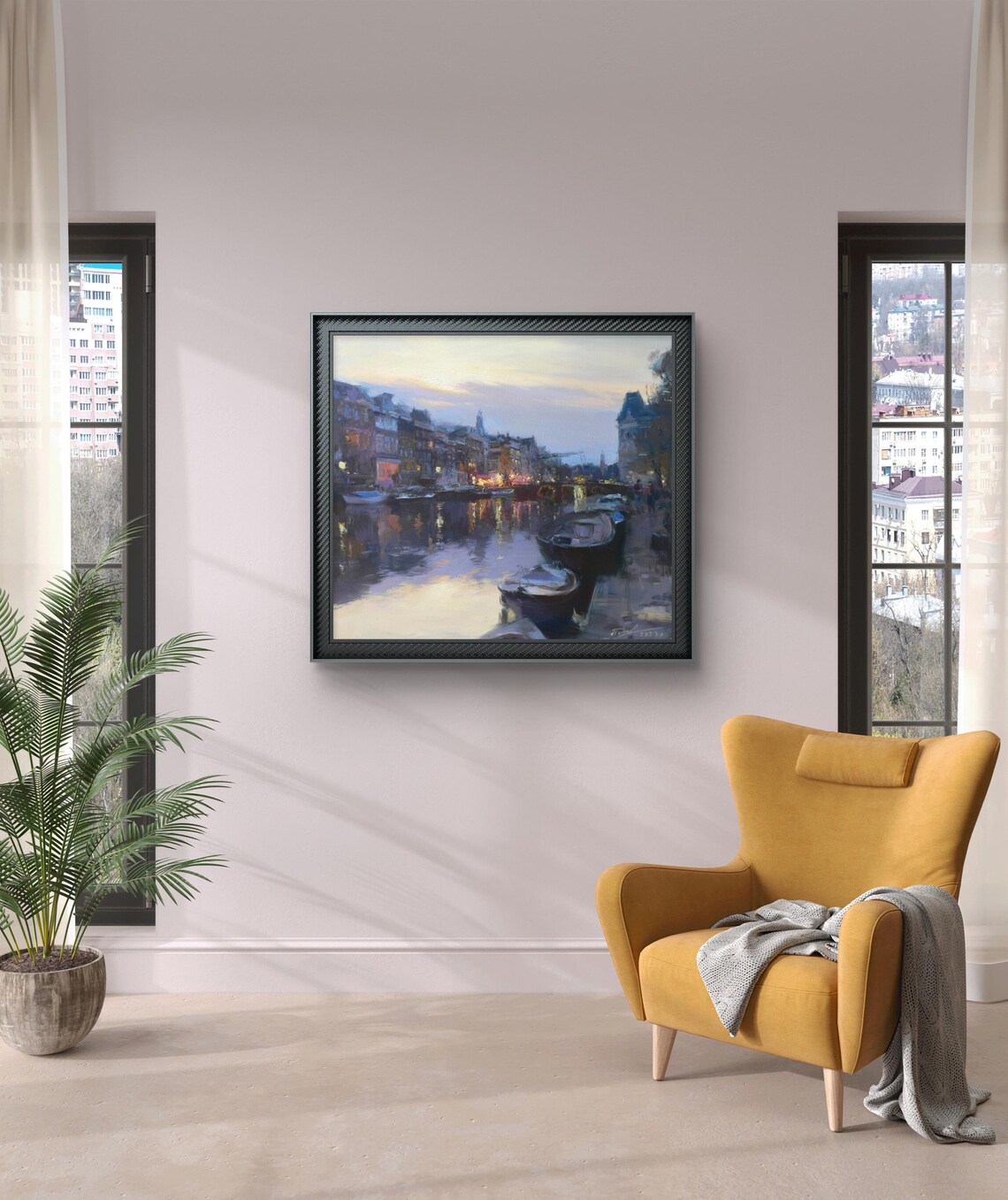 Evening Reflections on the Canal, City Lights Art Print