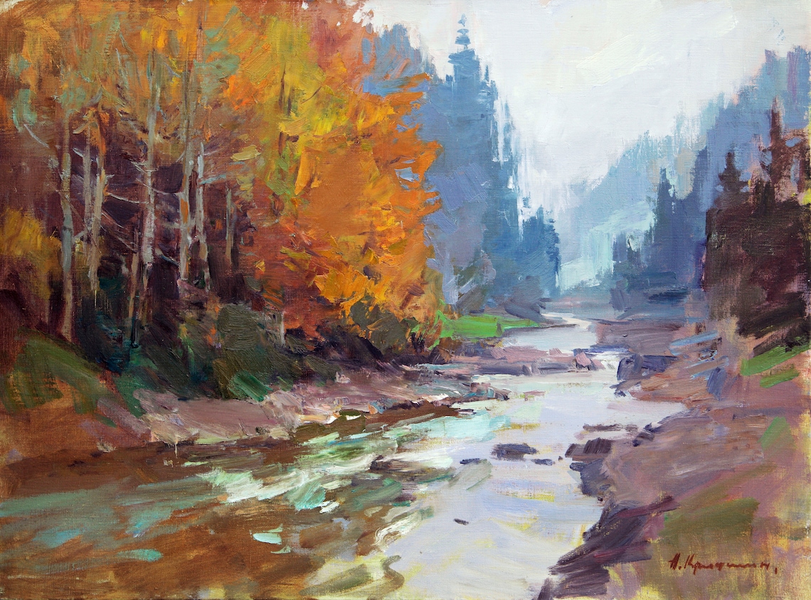 Mountain Forest Autumn Impressionism Landscape - Image 3
