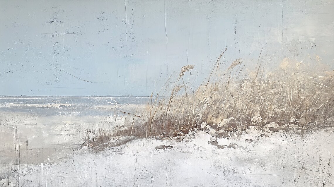 Coastal Landscape, Light Colored Ocean Coast Painting - Image 2