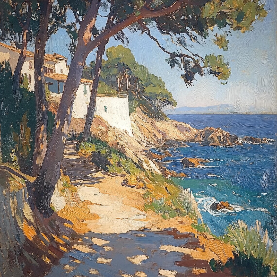 Mediterranean Seaside Landscape, Oil Painting Art Print - Image 3