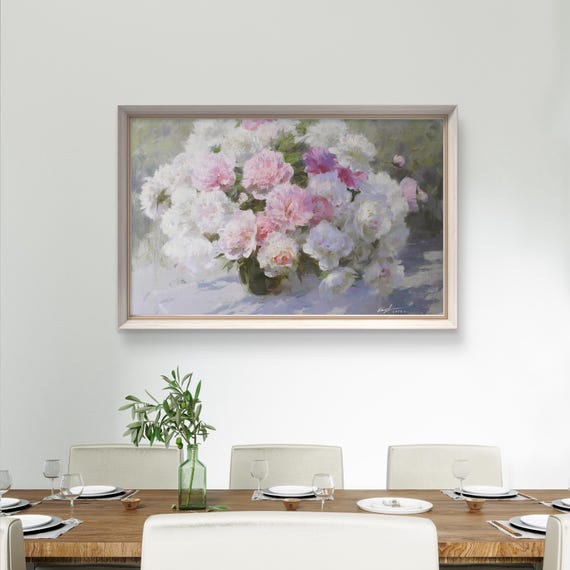 Peonies in Glass Vase, Oil-Painting-Style Art Print