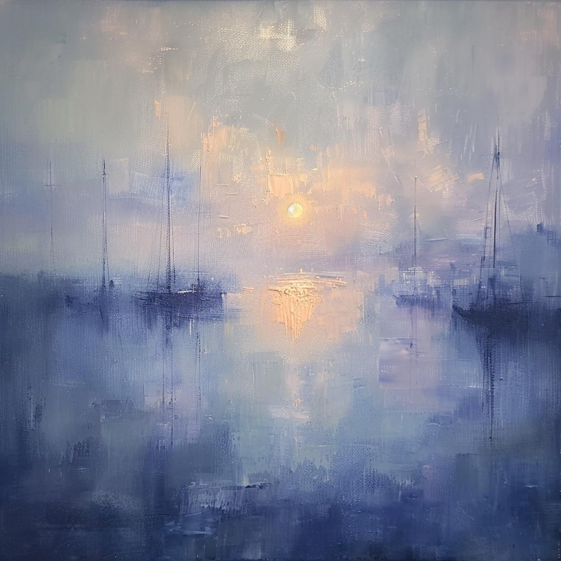 Yacht Pier At Sunrise, Monet-Inspired Oil Painting - Image 3