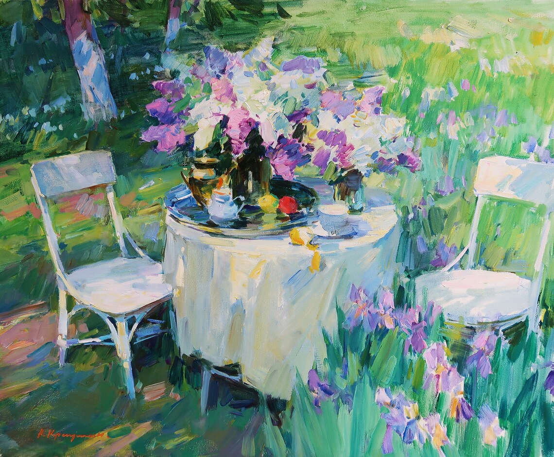 Spring Blooms And Morning Tea, Garden Oil Painting - Image 3