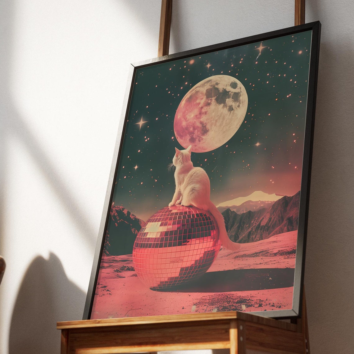 White Cat Disco Ball Pink Moon Starry Desert Poster Cosmic Decor - Image 4