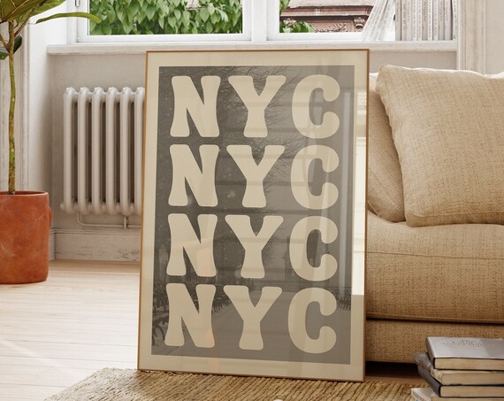 NYC Retro Cream Lettering Urban New York City Travel Art Poster