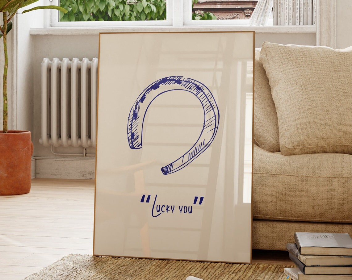 Lucky You Blue Sketch Horseshoe Good Luck Minimalist Decor Poster