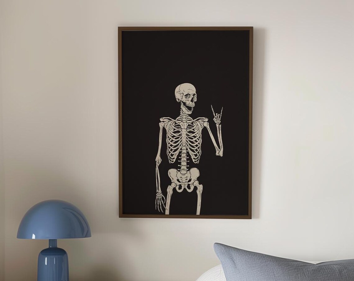Skeleton Throwing Rock On Hand Sign On Black Halloween Poster
