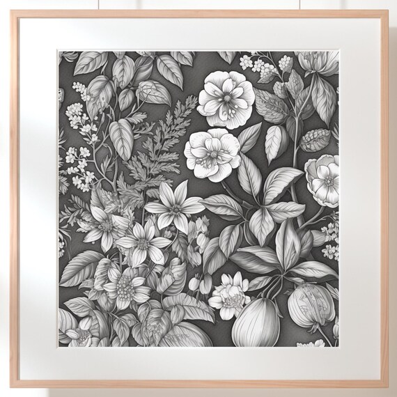 Black and White Botanical Floral Illustration Vintage Style Art Poster