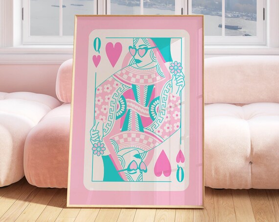 Queen Of Hearts Cute Girly Wall Art Above Bed Teen Girls Room Decor Retro Pink Poster Retro Teal Wall Art Preppy Dorm Room Decor Aesthetic