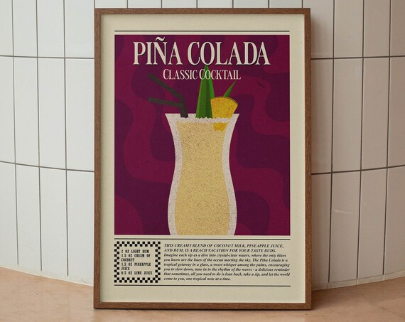 Pina Colada Classic Cocktail Recipe Retro Tropical Bar Cart Poster