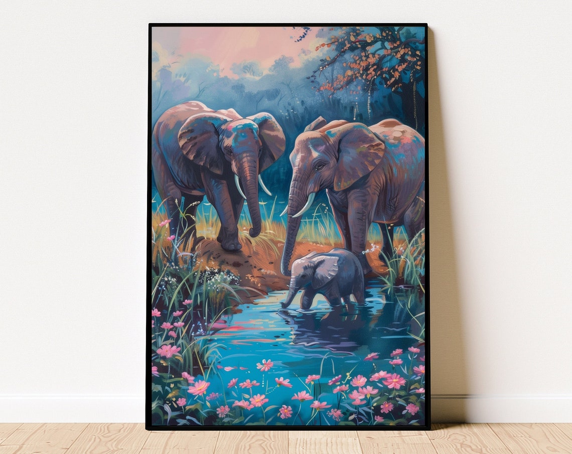 Elephant Family Poster Oil Painting Colorful Elephants In Nature Poster Elephant Family In Nature Oil Painting Elephants Oil Painting