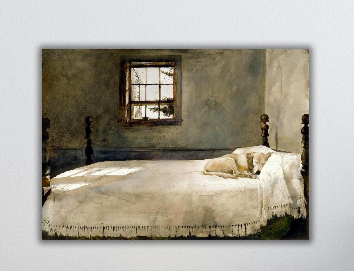 Andrew Wyeth Master Bedroom Dog Sleeping In Bed, Vintage Art Print