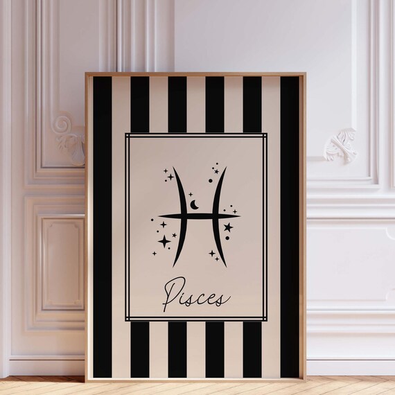 Pisces Zodiac Symbol Black Striped Celestial Astrology Horoscope Poster