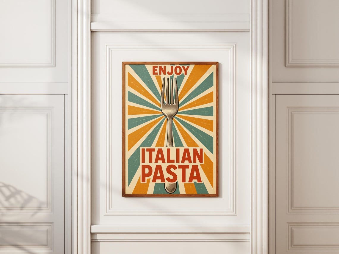 Enjoy Italian Pasta Retro Kitchen Poster with Fork on Sunburst