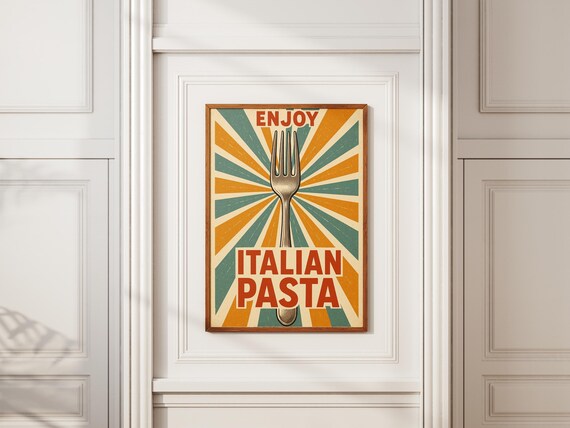 Enjoy Italian Pasta Retro Kitchen Poster with Fork on Sunburst