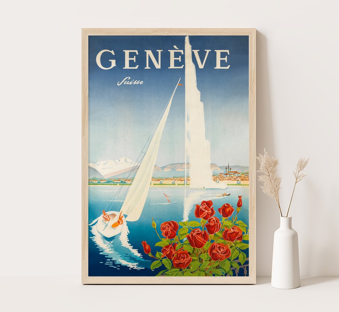 Geneve Switzerland Jet D'Eau Sailboat Roses Lake View Vintage Poster