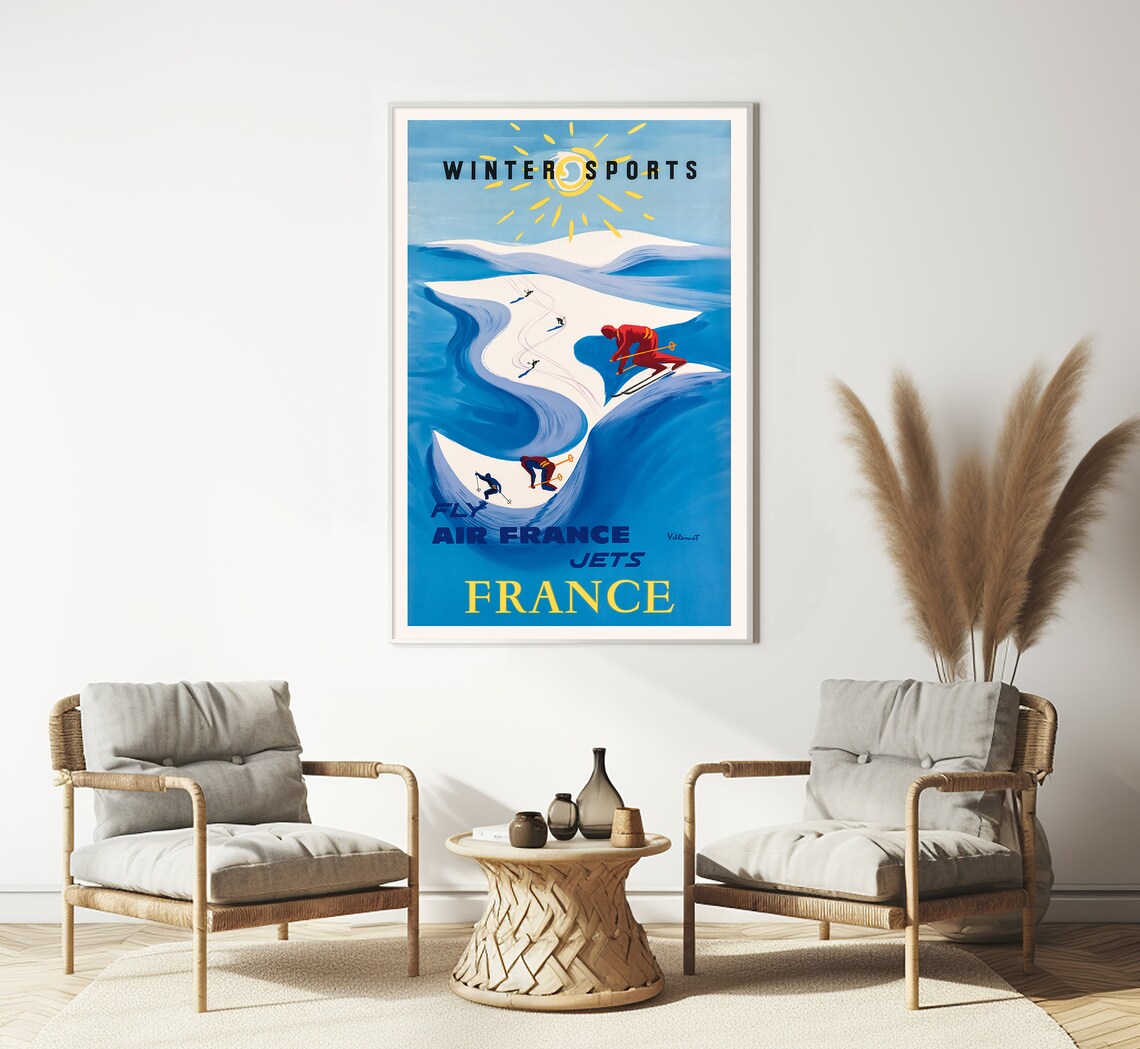 Air France Winter Sports Villemot Blue Ski Slopes Retro Travel Poster - Image 3