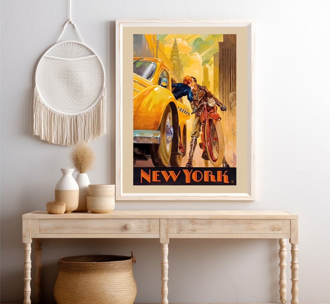 New York Art Deco Yellow Taxi Romance Chrysler Building Vintage Poster - Image 4