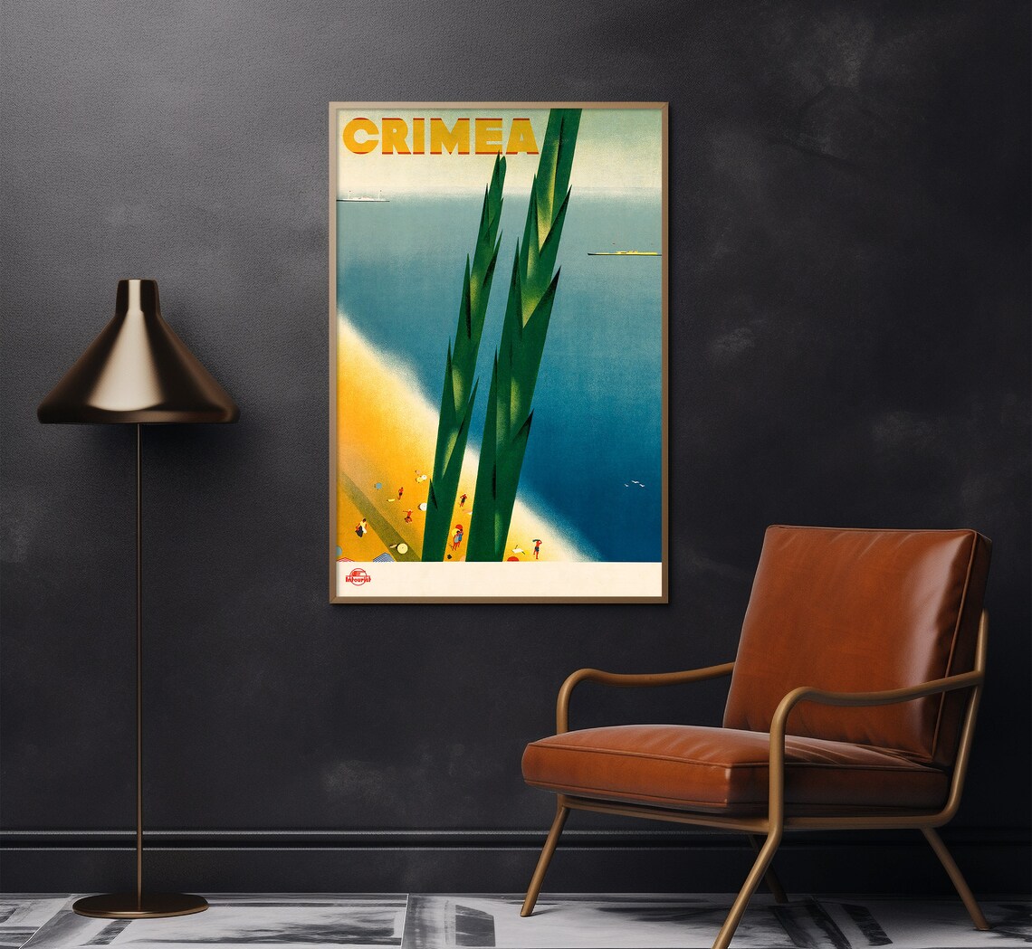 Crimea Black Sea Aerial Beach Cypress Vintage Intourist Travel Poster - Image 2