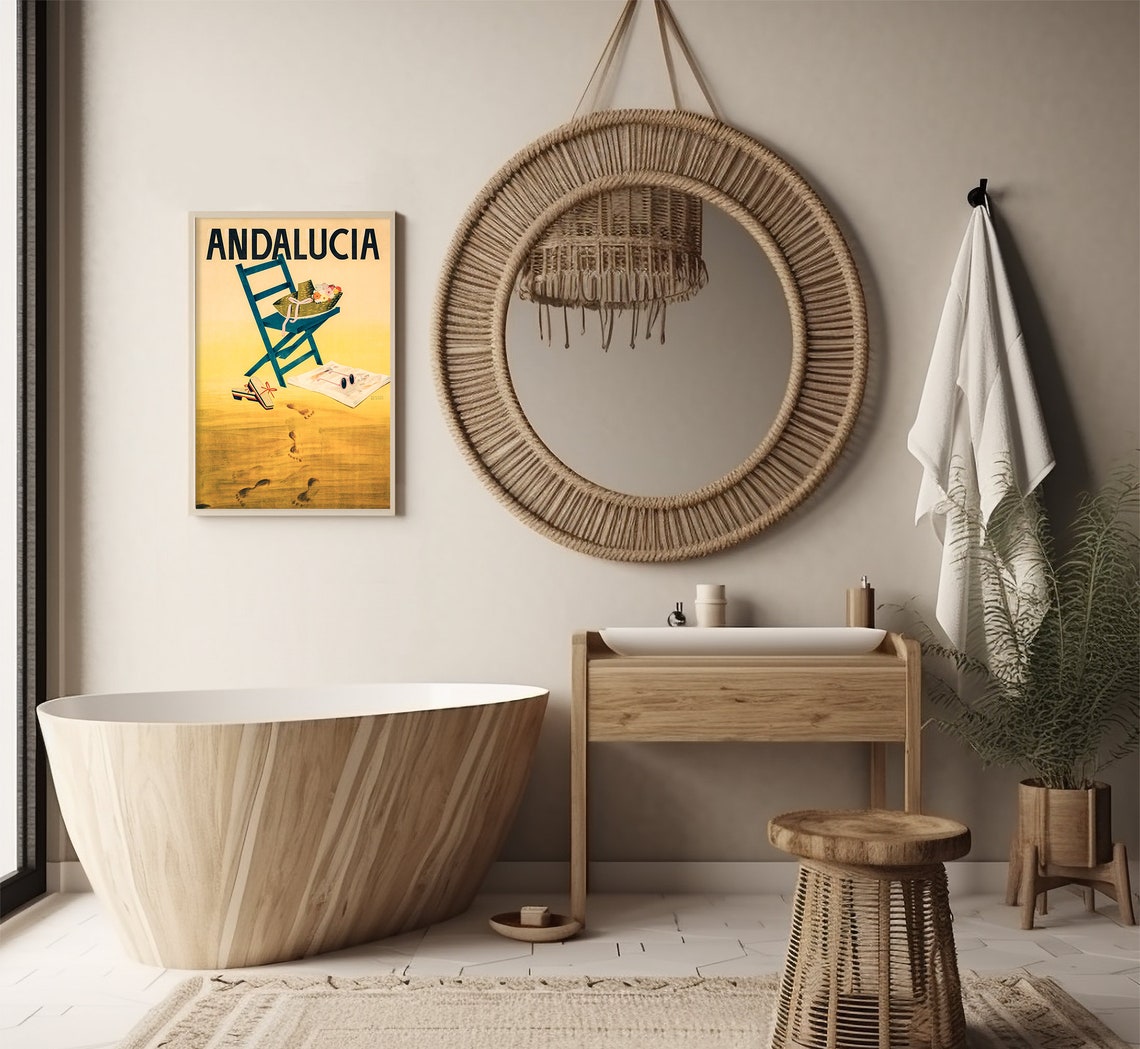 Andalucia Spain Golden Beach Chair Straw Hat Footprints Vintage Poster - Image 2