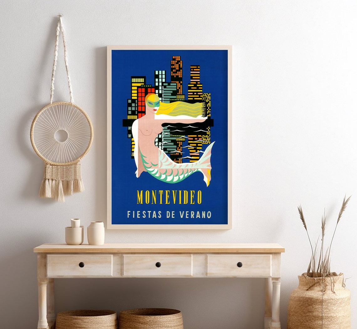 Montevideo Uruguay Summer Festival Mermaid City Skyline Vintage Poster - Image 4