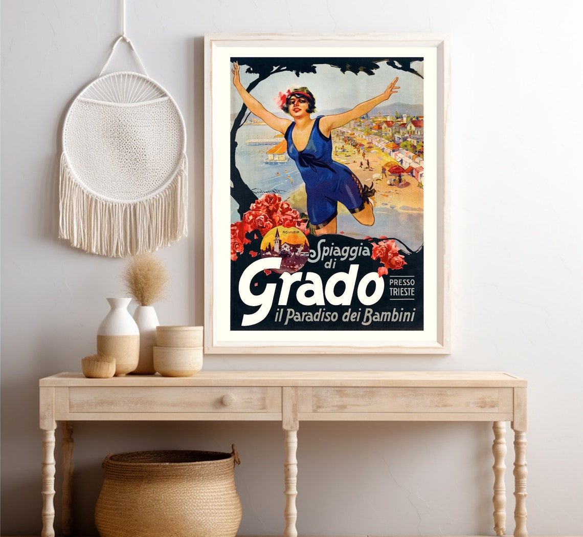 Grado Italy Spiaggia Di Grado Beach Jumping Swimmer Vintage Poster - Image 4
