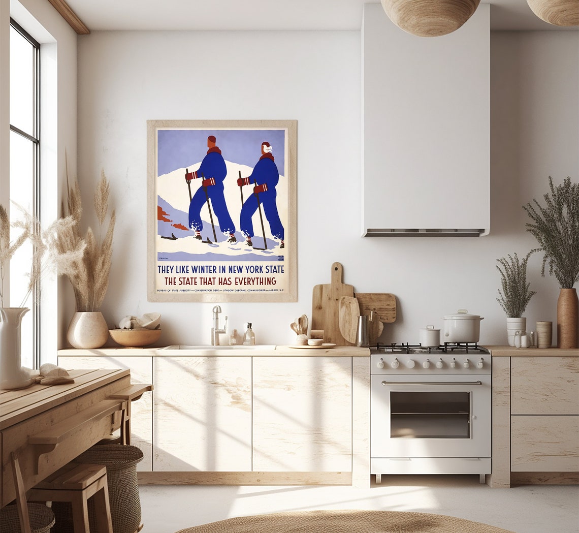 New York State Winter Skiers Deco Retro Ski Scene Travel Poster - Image 2