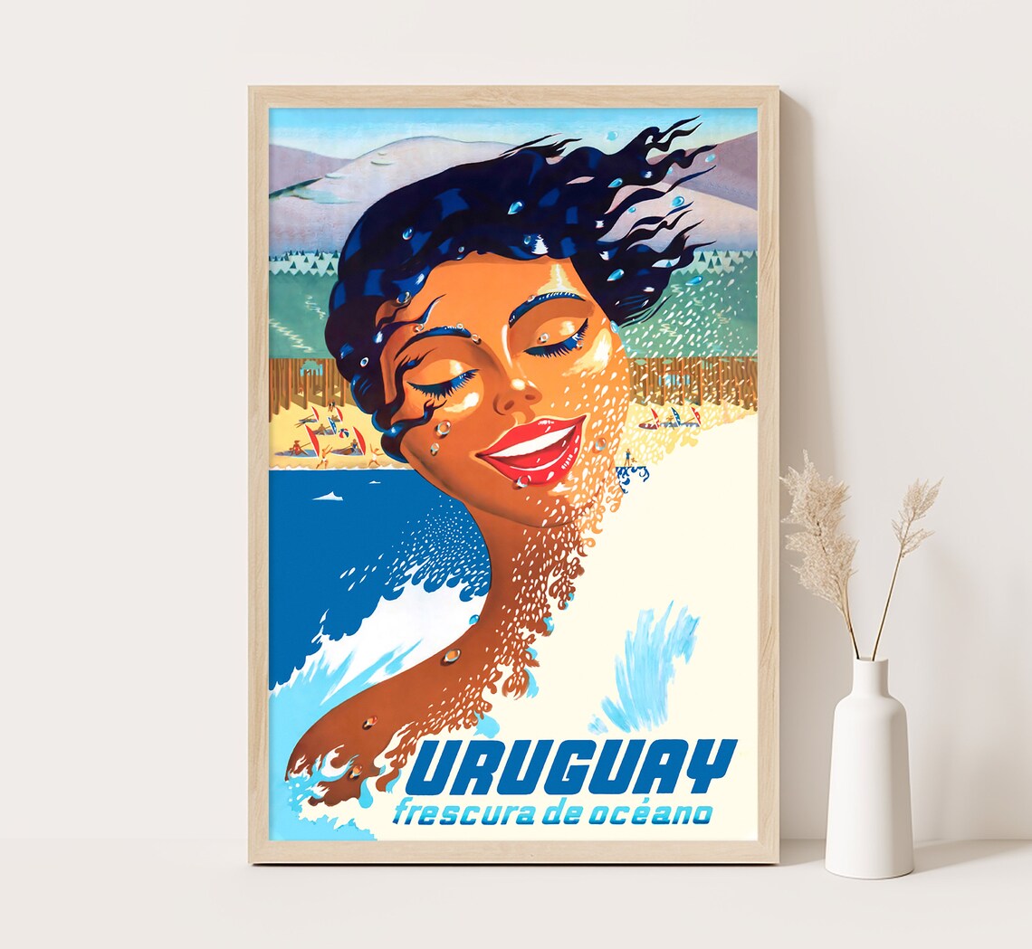 Uruguay Frescura De Oceano Woman Ocean Spray Beach Vintage Poster