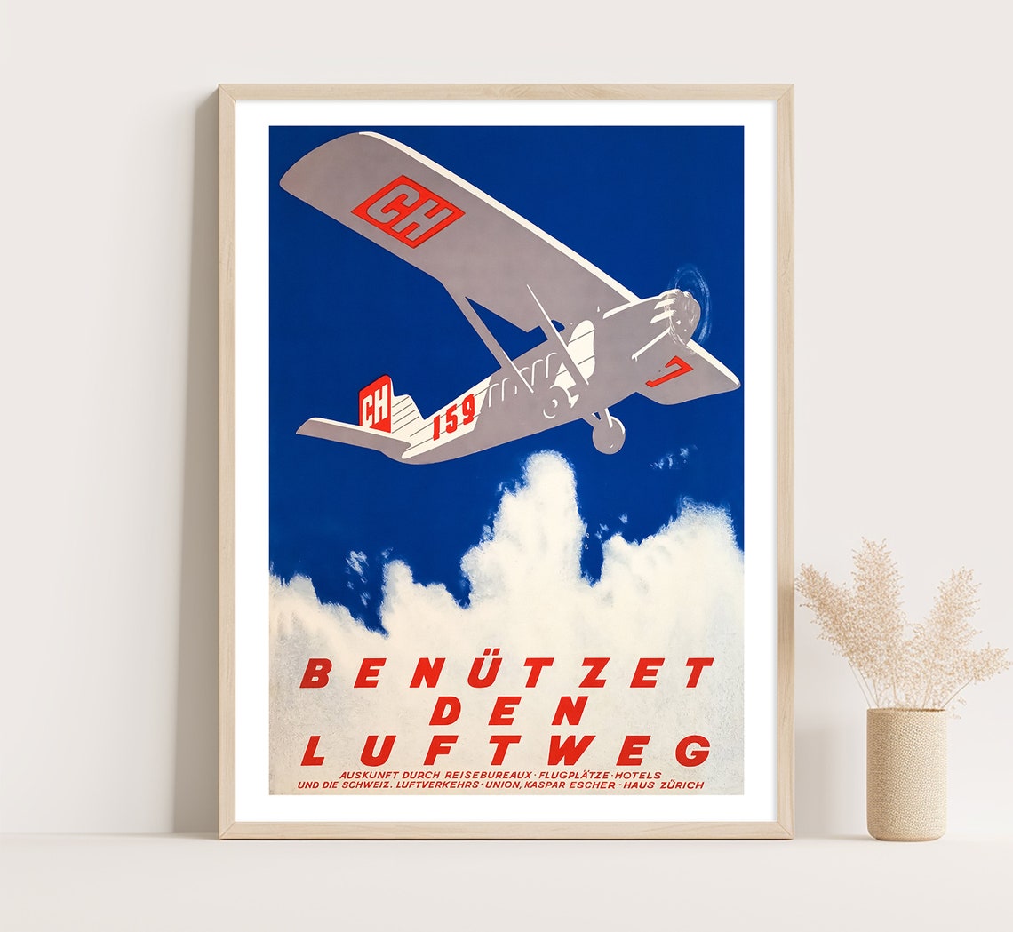 Benutzet Den Luftweg Swiss Airplane Clouds Red Blue Travel Poster