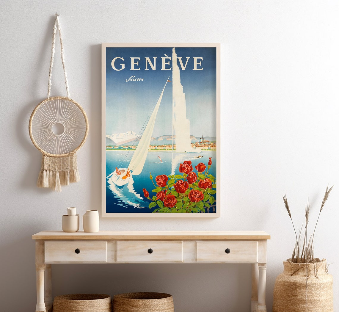 Geneve Switzerland Jet D'Eau Sailboat Roses Lake View Vintage Poster - Image 4