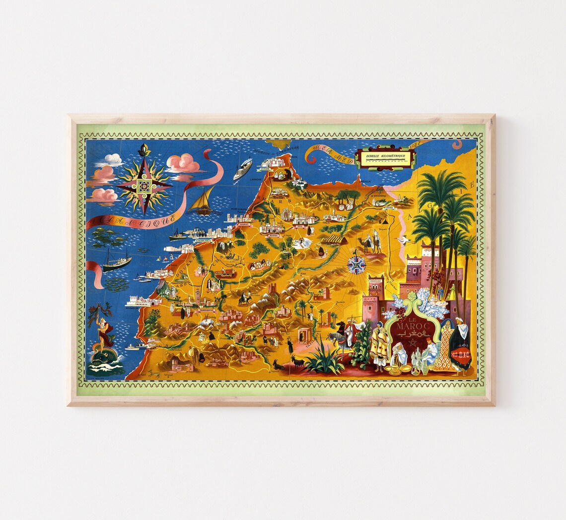 Map Of Morocco Vintage Travel Poster, Morocco Map